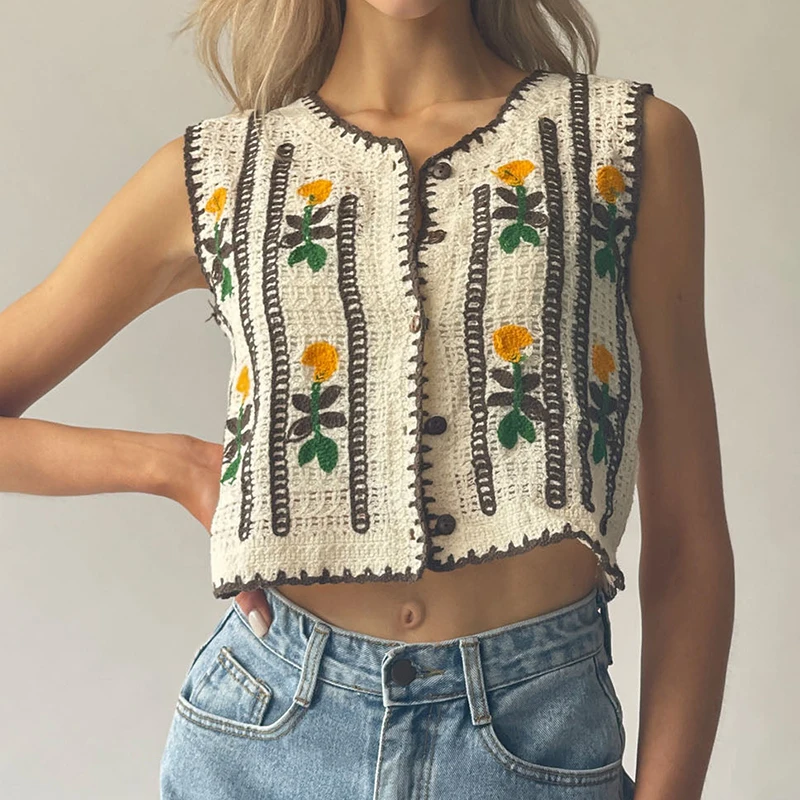 Sewing Vest - Gilet en tricot brodé floral pour
